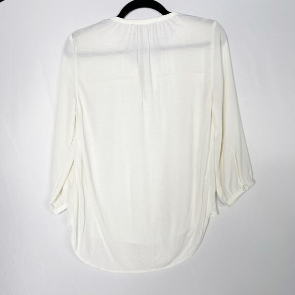 LOFT Ivory XSmall XS Tie Front Blouse Top Quilted Detail Yoke 3/4 Sleeve - Picture 2 of 8